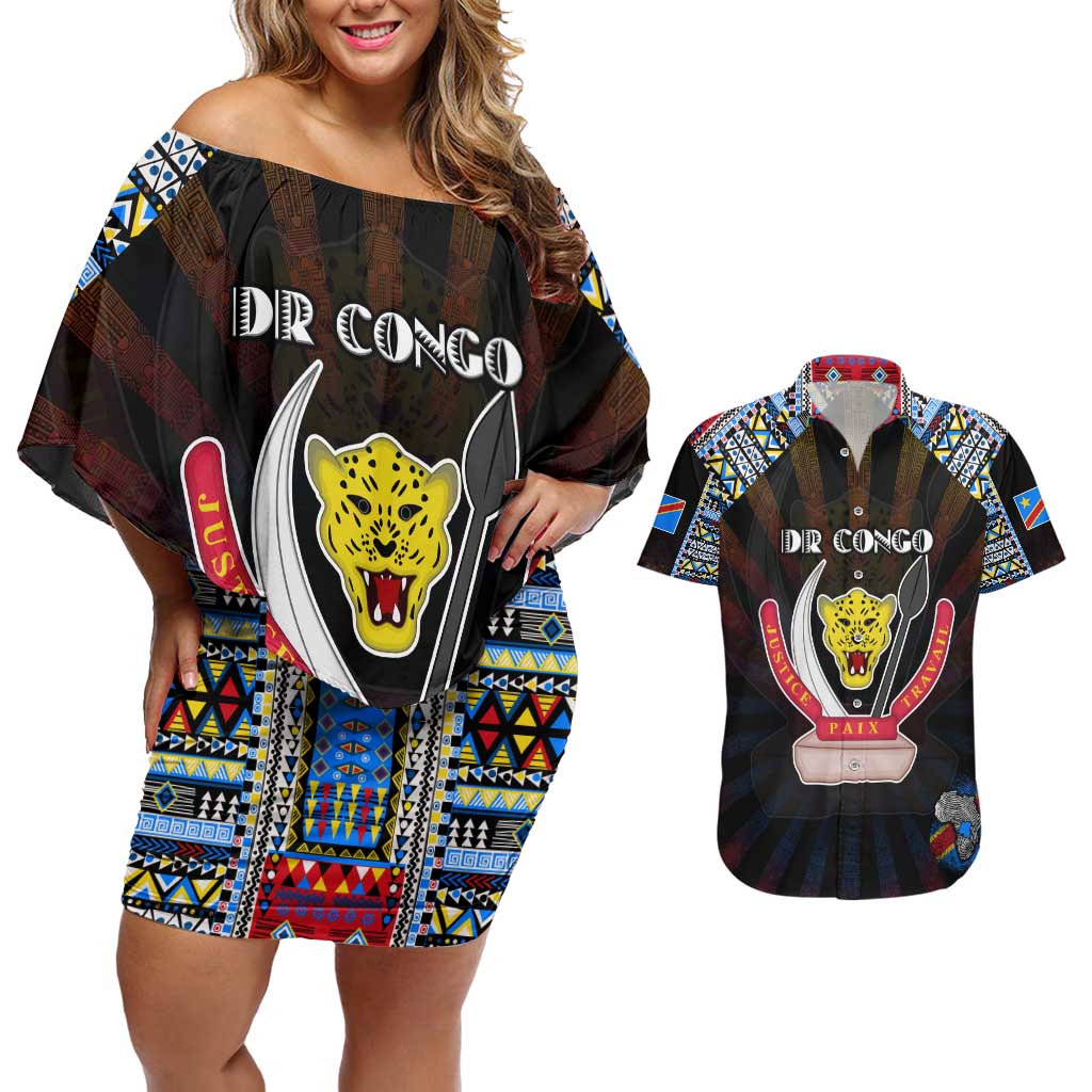 Personalized DR Congo Roots Couples Matching Off Shoulder Short Dress and Hawaiian Shirt African Map in Fingerprint and Tribal Colors
