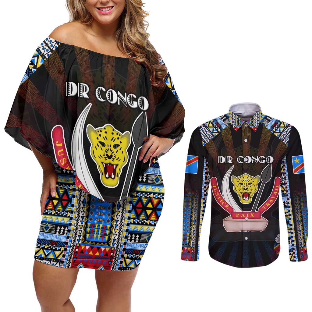 Personalized DR Congo Roots Couples Matching Off Shoulder Short Dress and Long Sleeve Button Shirt African Map in Fingerprint and Tribal Colors