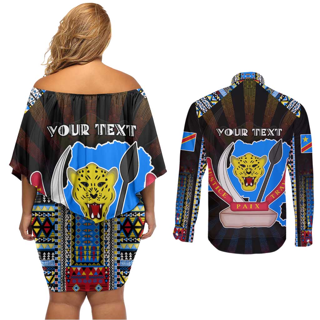 Personalized DR Congo Roots Couples Matching Off Shoulder Short Dress and Long Sleeve Button Shirt African Map in Fingerprint and Tribal Colors