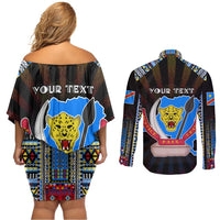 Personalized DR Congo Roots Couples Matching Off Shoulder Short Dress and Long Sleeve Button Shirt African Map in Fingerprint and Tribal Colors
