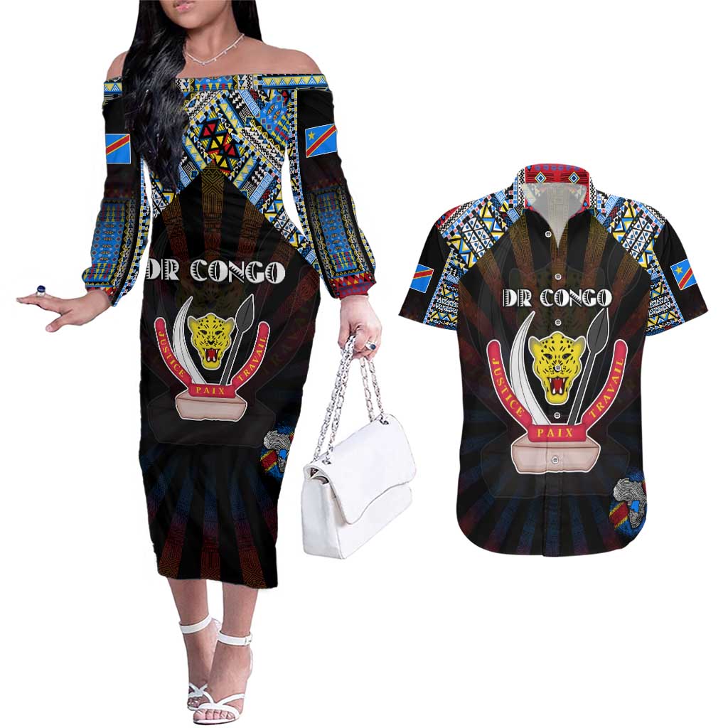 Personalized DR Congo Roots Couples Matching Off The Shoulder Long Sleeve Dress and Hawaiian Shirt African Map in Fingerprint and Tribal Colors