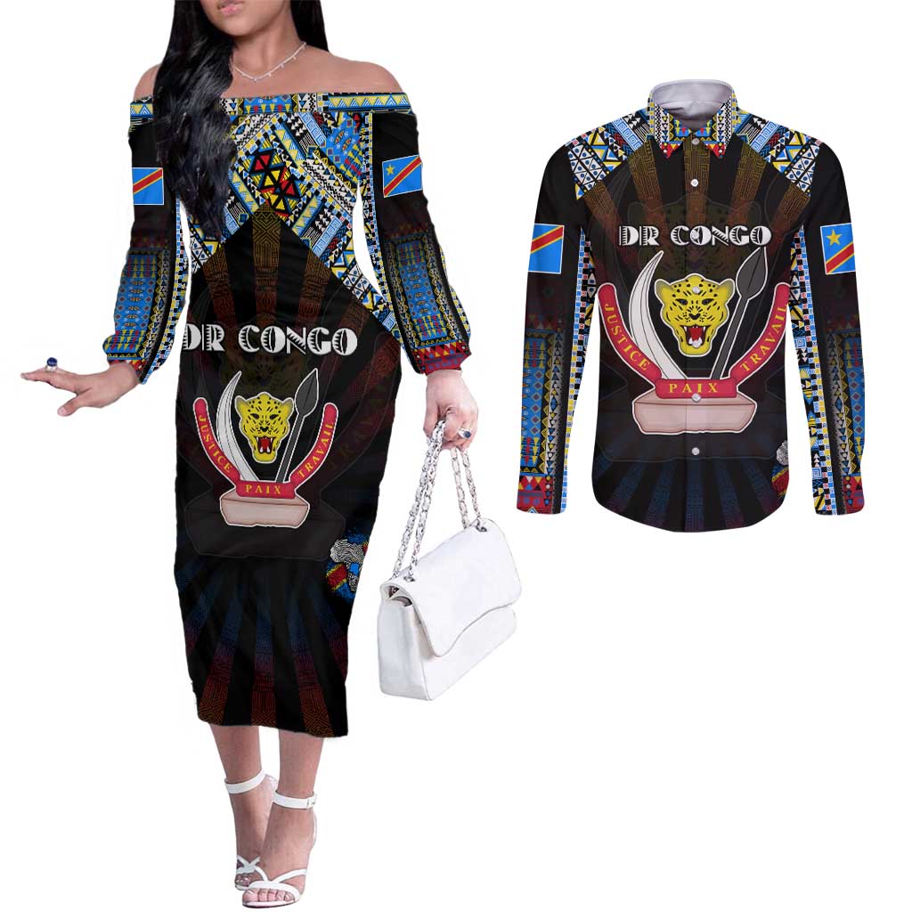 Personalized DR Congo Roots Couples Matching Off The Shoulder Long Sleeve Dress and Long Sleeve Button Shirt African Map in Fingerprint and Tribal Colors