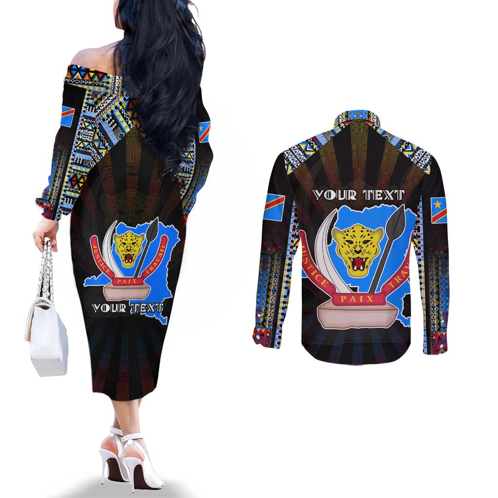 Personalized DR Congo Roots Couples Matching Off The Shoulder Long Sleeve Dress and Long Sleeve Button Shirt African Map in Fingerprint and Tribal Colors