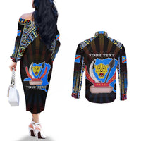 Personalized DR Congo Roots Couples Matching Off The Shoulder Long Sleeve Dress and Long Sleeve Button Shirt African Map in Fingerprint and Tribal Colors