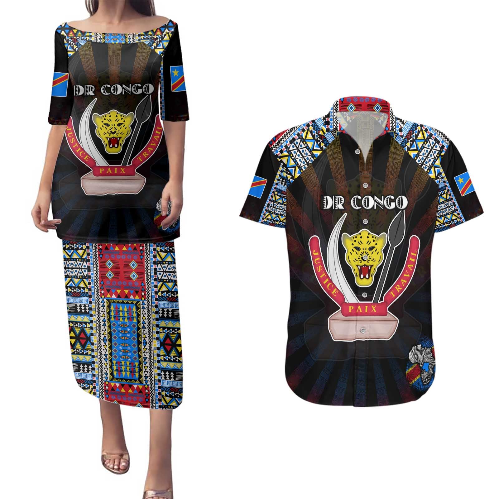 Personalized DR Congo Roots Couples Matching Puletasi and Hawaiian Shirt African Map in Fingerprint and Tribal Colors