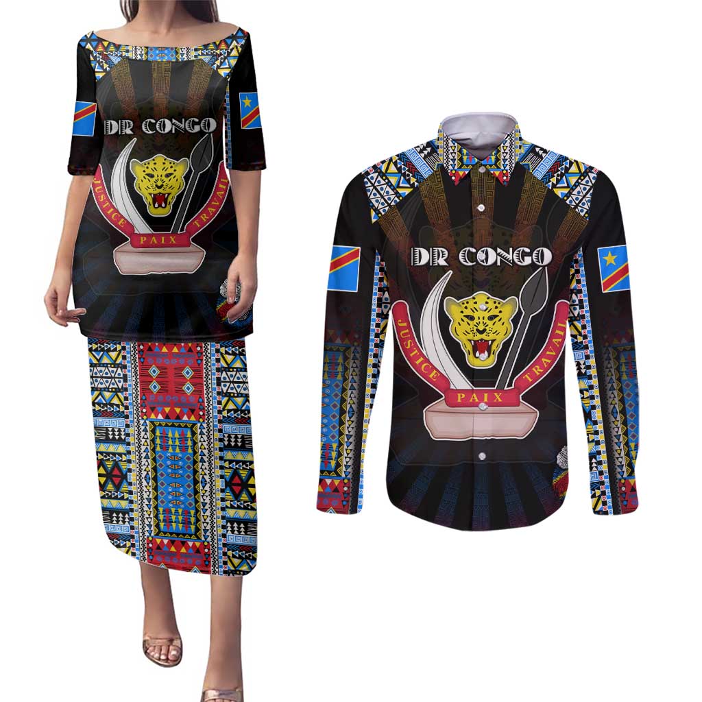 Personalized DR Congo Roots Couples Matching Puletasi and Long Sleeve Button Shirt African Map in Fingerprint and Tribal Colors