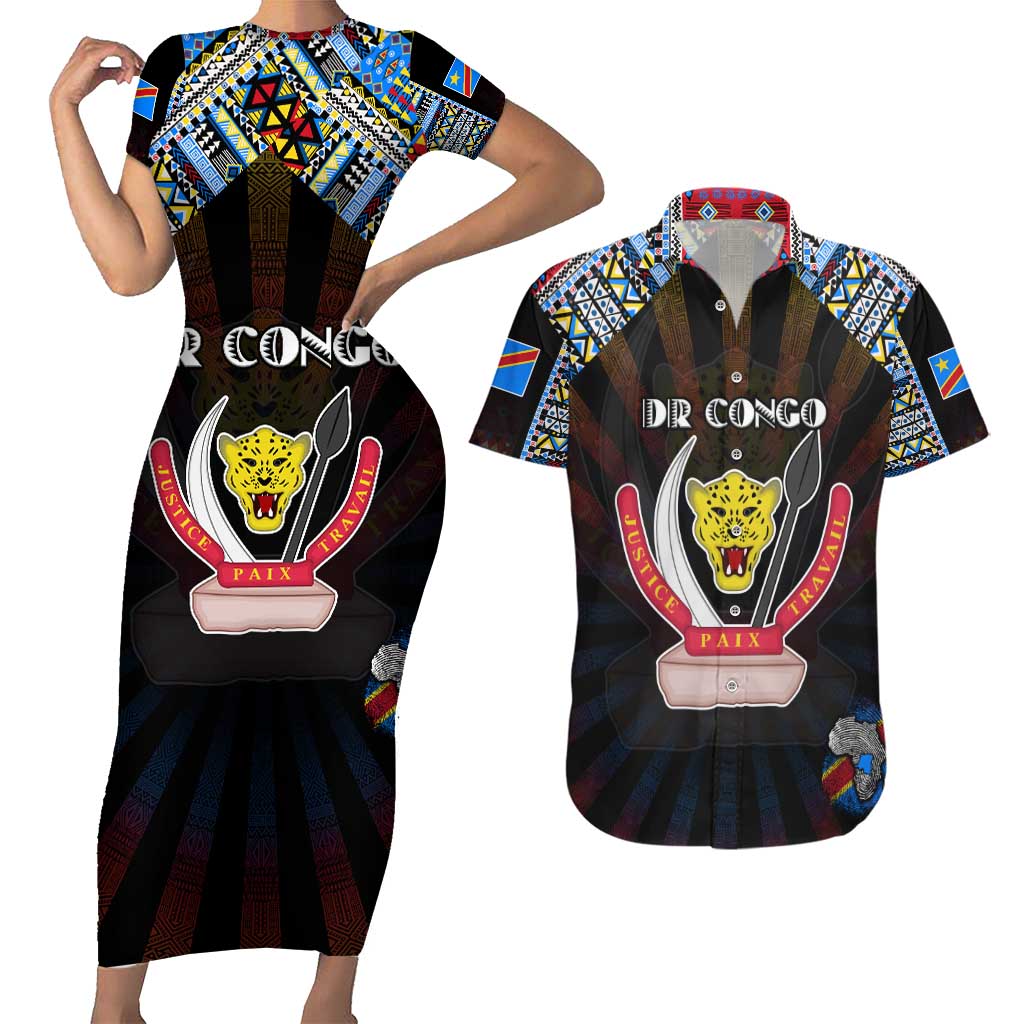 Personalized DR Congo Roots Couples Matching Short Sleeve Bodycon Dress and Hawaiian Shirt African Map in Fingerprint and Tribal Colors
