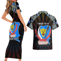 Personalized DR Congo Roots Couples Matching Short Sleeve Bodycon Dress and Hawaiian Shirt African Map in Fingerprint and Tribal Colors