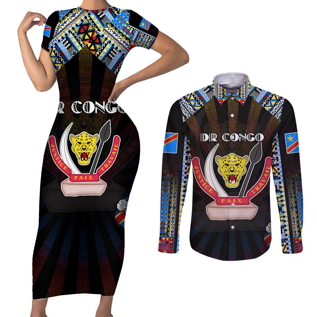 Personalized DR Congo Roots Couples Matching Short Sleeve Bodycon Dress and Long Sleeve Button Shirt African Map in Fingerprint and Tribal Colors