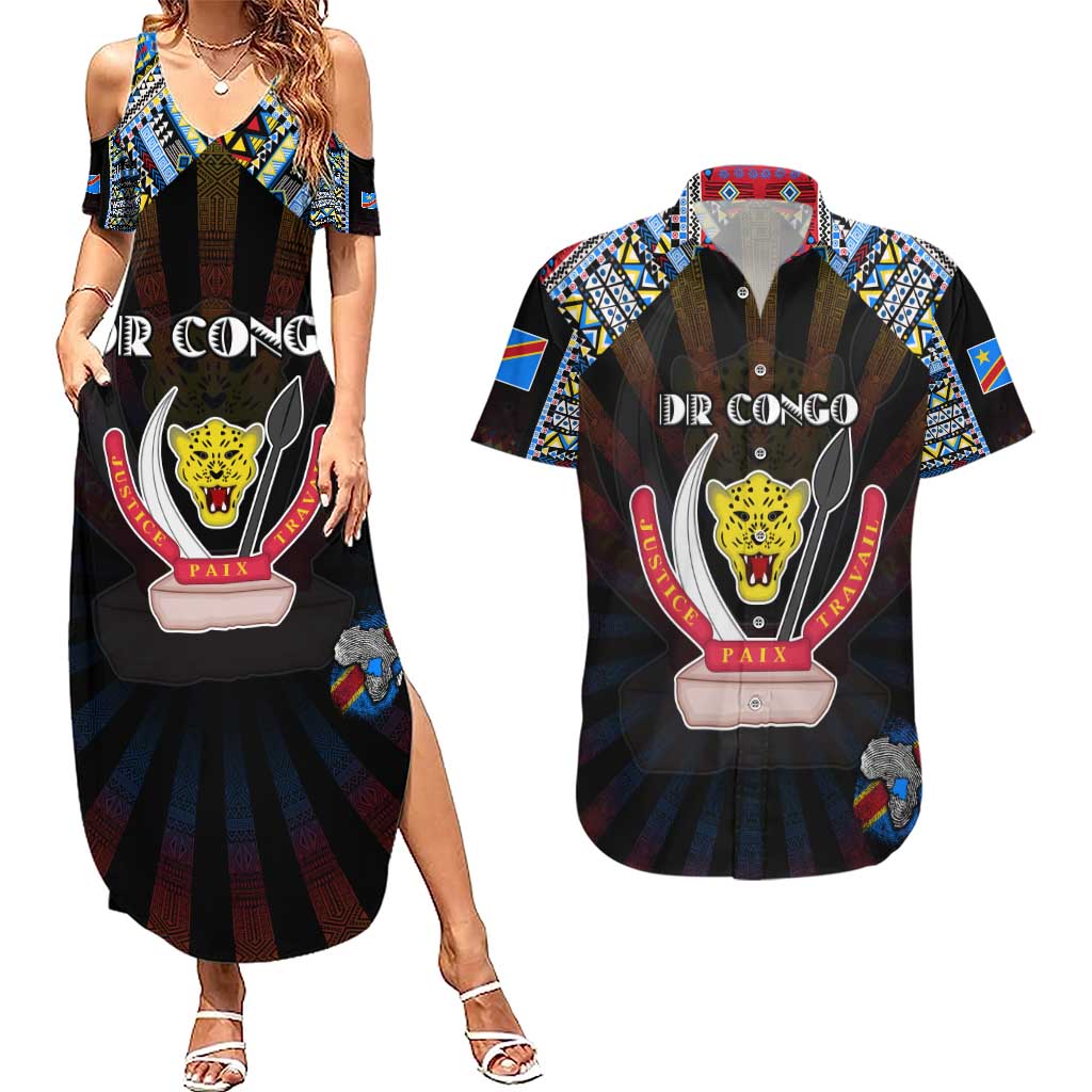 Personalized DR Congo Roots Couples Matching Summer Maxi Dress and Hawaiian Shirt African Map in Fingerprint and Tribal Colors