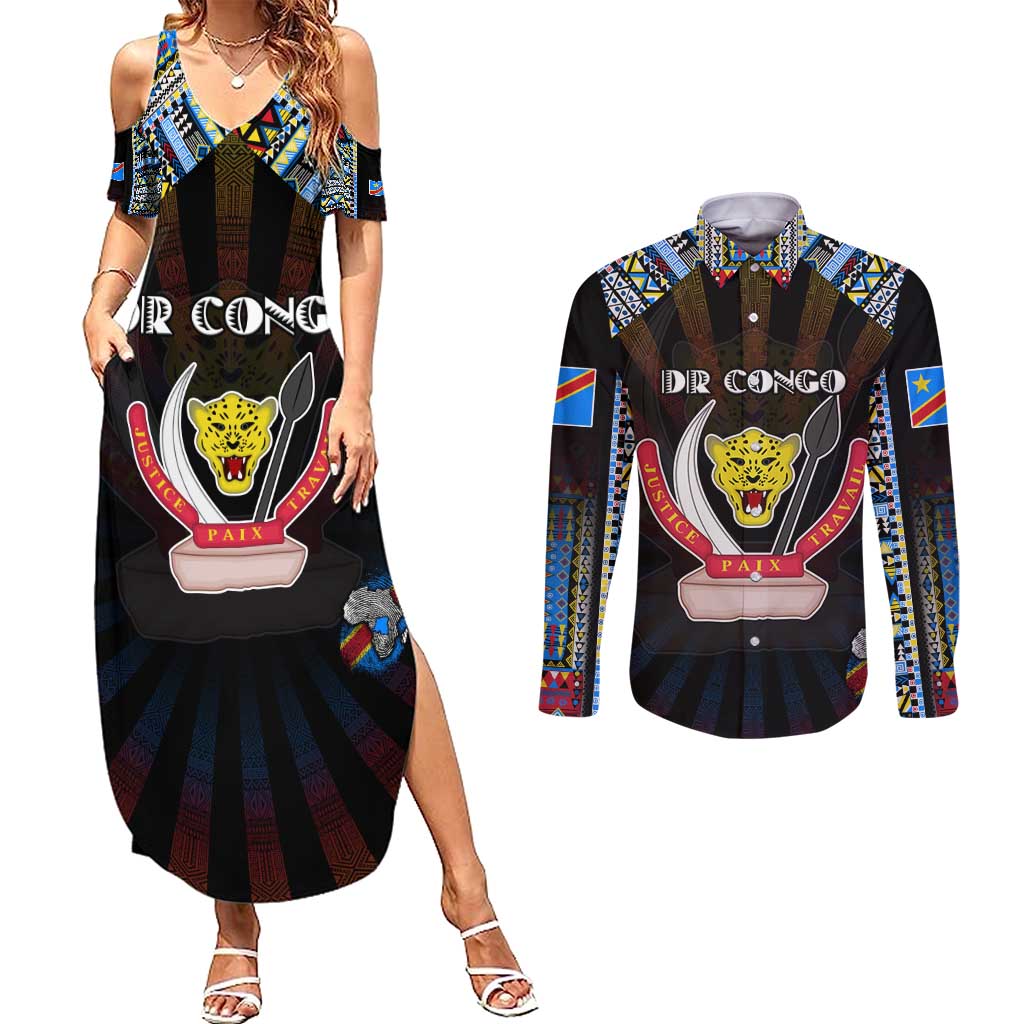 Personalized DR Congo Roots Couples Matching Summer Maxi Dress and Long Sleeve Button Shirt African Map in Fingerprint and Tribal Colors