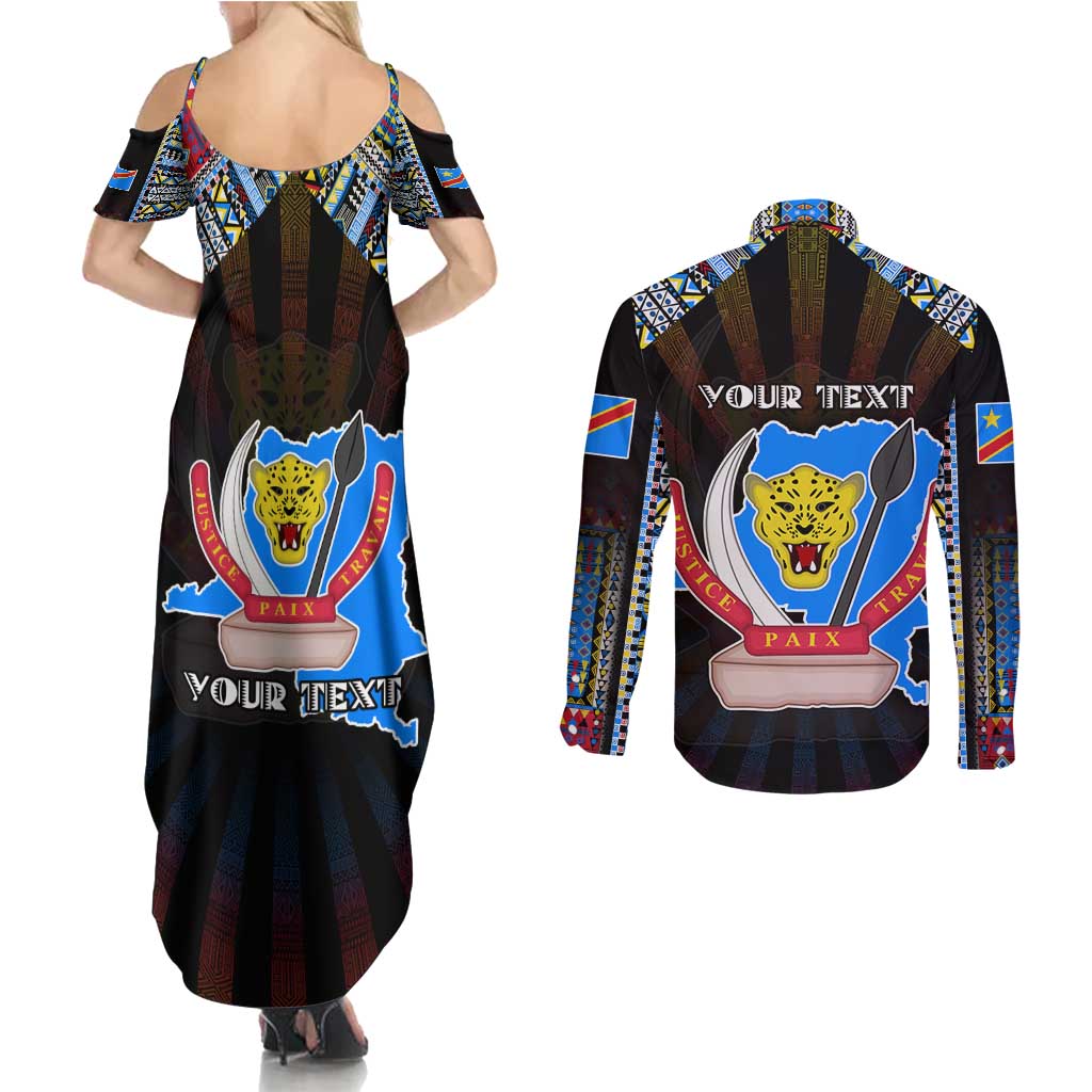 Personalized DR Congo Roots Couples Matching Summer Maxi Dress and Long Sleeve Button Shirt African Map in Fingerprint and Tribal Colors