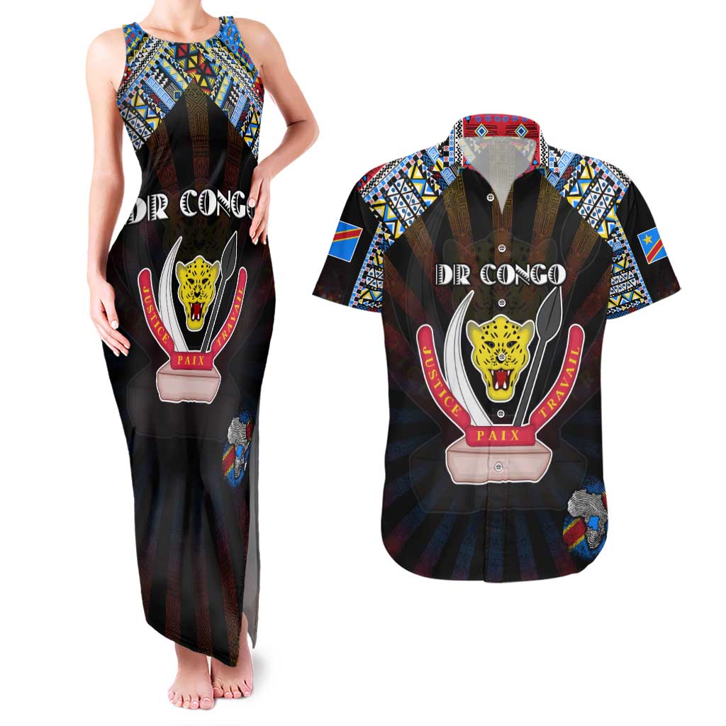 Personalized DR Congo Roots Couples Matching Tank Maxi Dress and Hawaiian Shirt African Map in Fingerprint and Tribal Colors