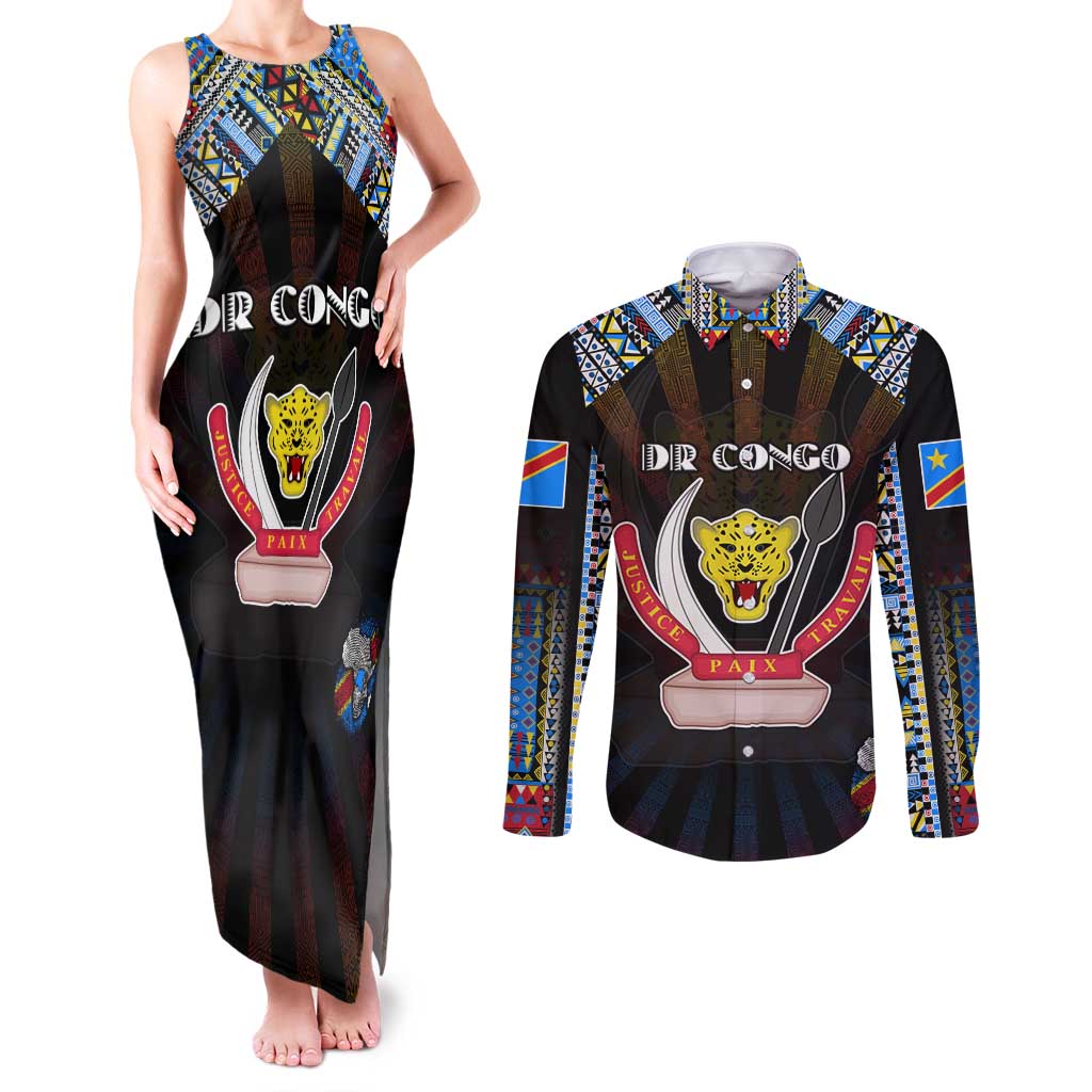 Personalized DR Congo Roots Couples Matching Tank Maxi Dress and Long Sleeve Button Shirt African Map in Fingerprint and Tribal Colors