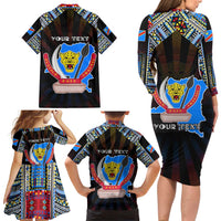 Personalized DR Congo Roots Family Matching Long Sleeve Bodycon Dress and Hawaiian Shirt African Map in Fingerprint and Tribal Colors