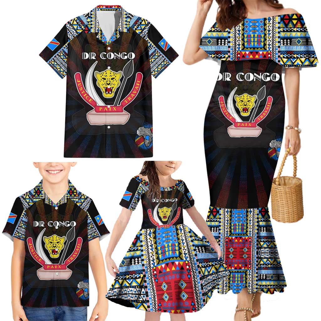 Personalized DR Congo Roots Family Matching Mermaid Dress and Hawaiian Shirt African Map in Fingerprint and Tribal Colors