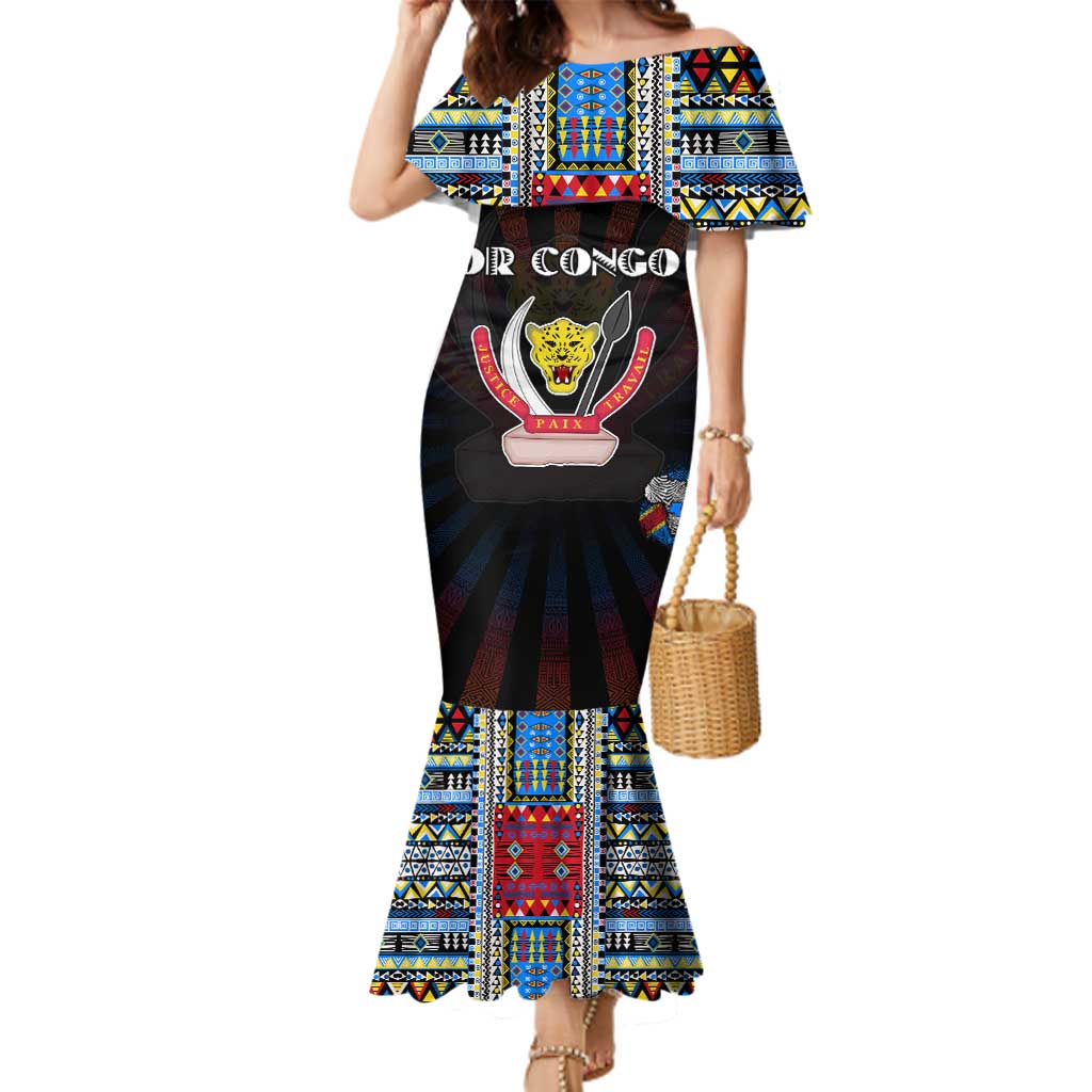 Personalized DR Congo Roots Family Matching Mermaid Dress and Hawaiian Shirt African Map in Fingerprint and Tribal Colors