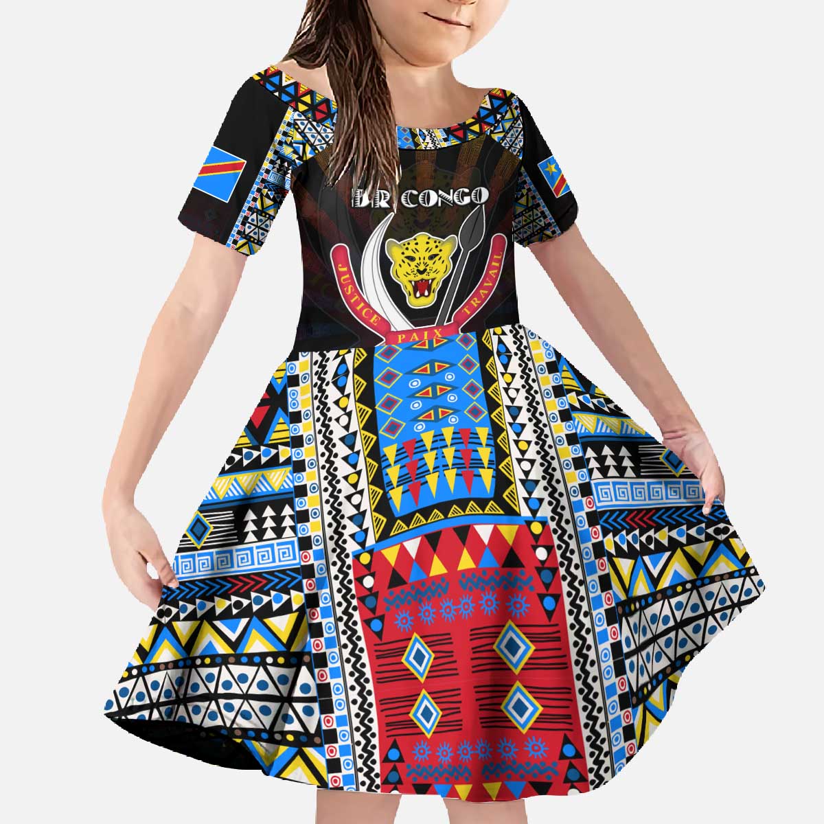 Personalized DR Congo Roots Family Matching Off The Shoulder Long Sleeve Dress and Hawaiian Shirt African Map in Fingerprint and Tribal Colors