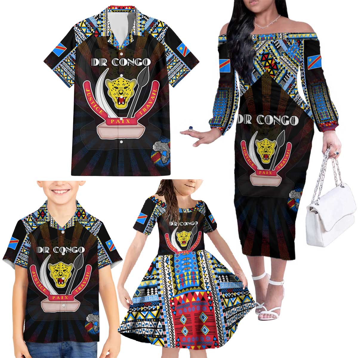 Personalized DR Congo Roots Family Matching Off The Shoulder Long Sleeve Dress and Hawaiian Shirt African Map in Fingerprint and Tribal Colors