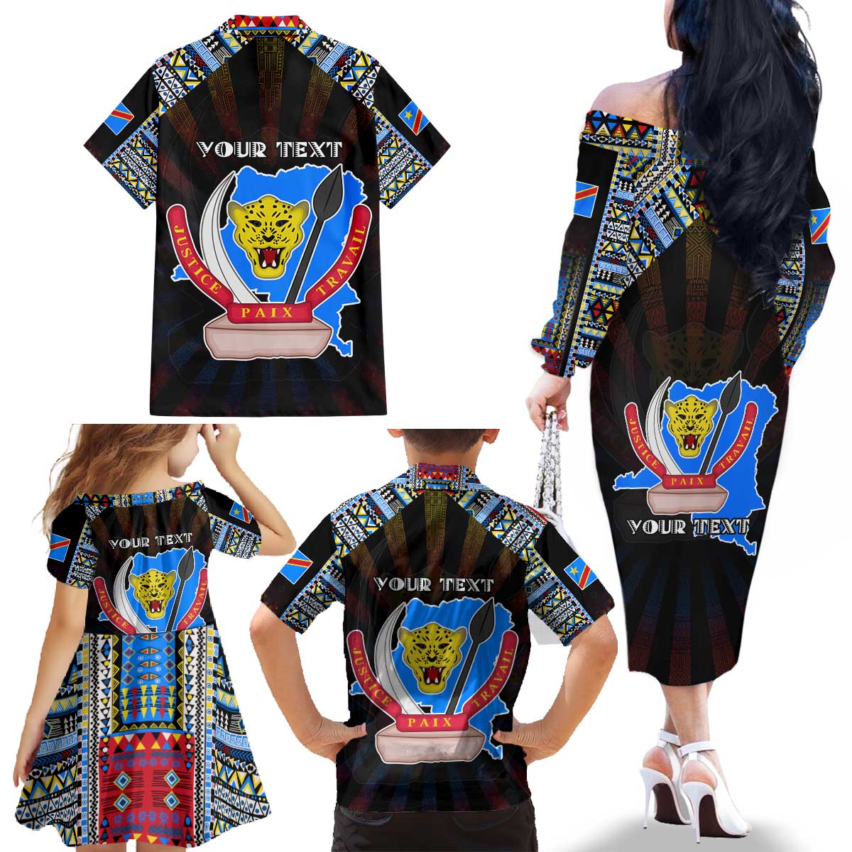 Personalized DR Congo Roots Family Matching Off The Shoulder Long Sleeve Dress and Hawaiian Shirt African Map in Fingerprint and Tribal Colors