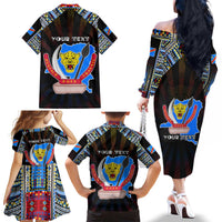 Personalized DR Congo Roots Family Matching Off The Shoulder Long Sleeve Dress and Hawaiian Shirt African Map in Fingerprint and Tribal Colors