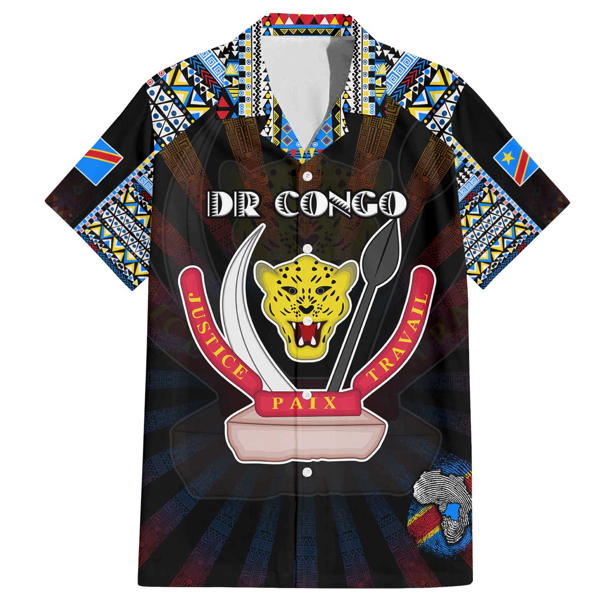 Personalized DR Congo Roots Family Matching Off The Shoulder Long Sleeve Dress and Hawaiian Shirt African Map in Fingerprint and Tribal Colors