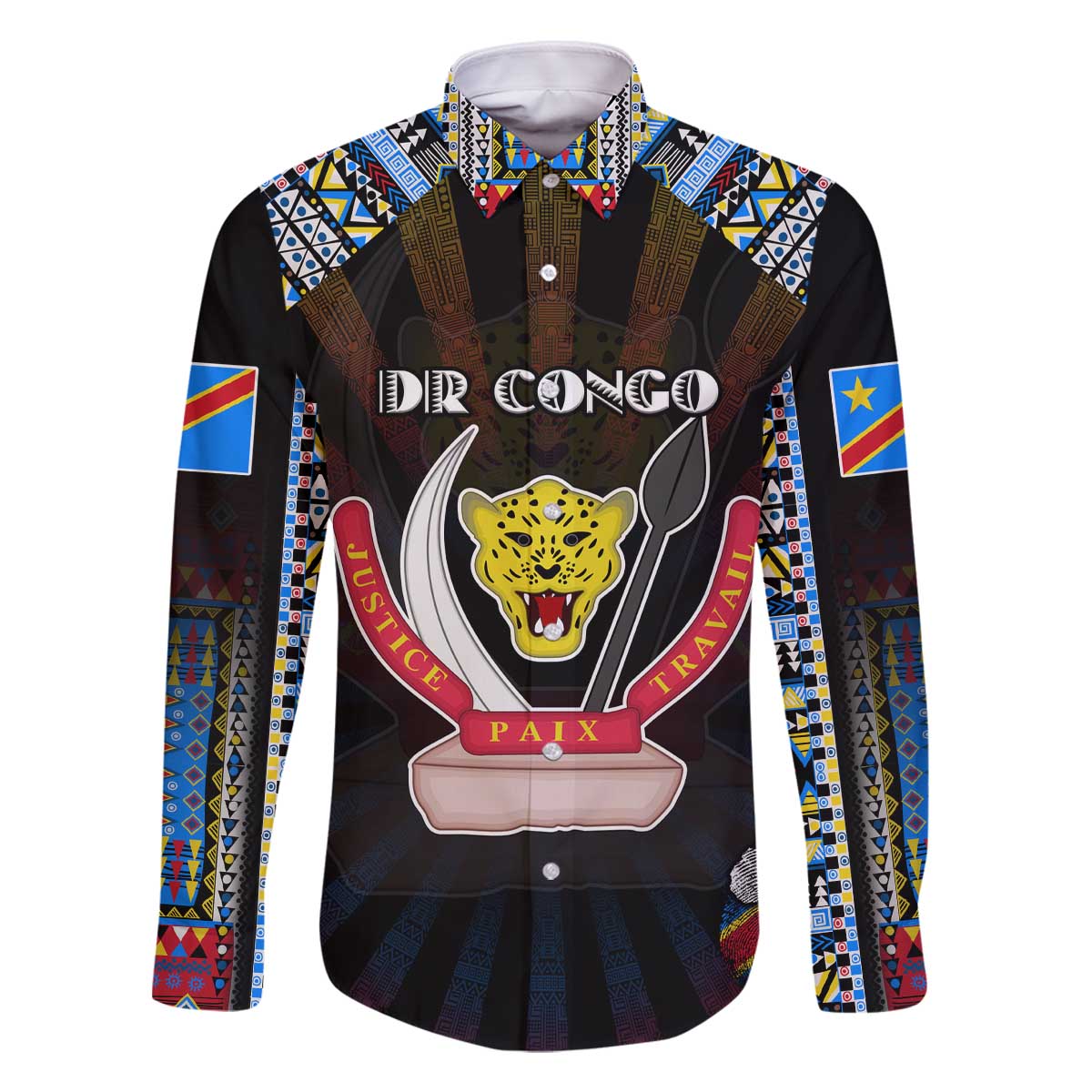 Personalized DR Congo Roots Family Matching Off The Shoulder Long Sleeve Dress and Hawaiian Shirt African Map in Fingerprint and Tribal Colors