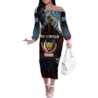 Personalized DR Congo Roots Family Matching Off The Shoulder Long Sleeve Dress and Hawaiian Shirt African Map in Fingerprint and Tribal Colors