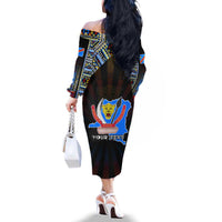 Personalized DR Congo Roots Family Matching Off The Shoulder Long Sleeve Dress and Hawaiian Shirt African Map in Fingerprint and Tribal Colors