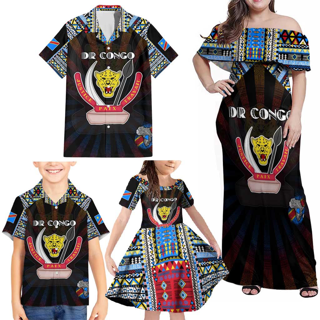 Personalized DR Congo Roots Family Matching Off Shoulder Maxi Dress and Hawaiian Shirt African Map in Fingerprint and Tribal Colors