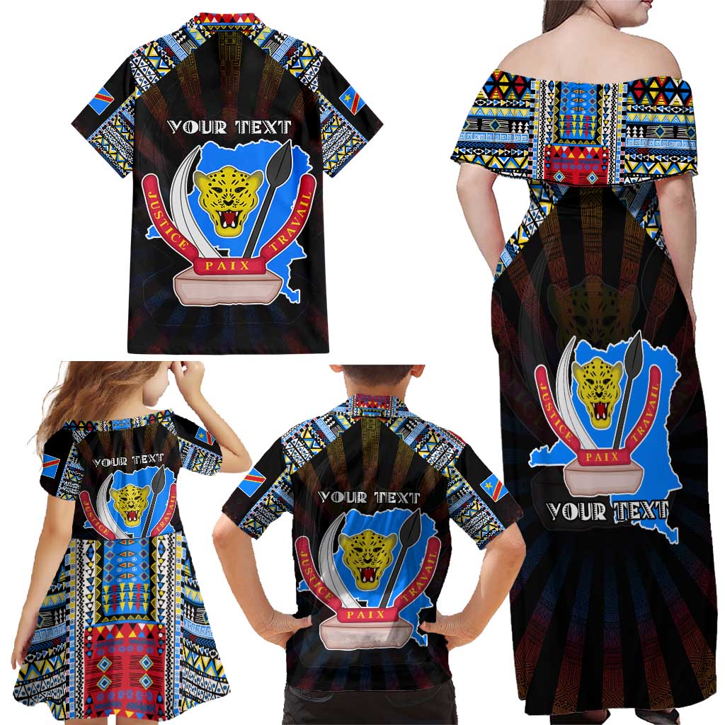 Personalized DR Congo Roots Family Matching Off Shoulder Maxi Dress and Hawaiian Shirt African Map in Fingerprint and Tribal Colors