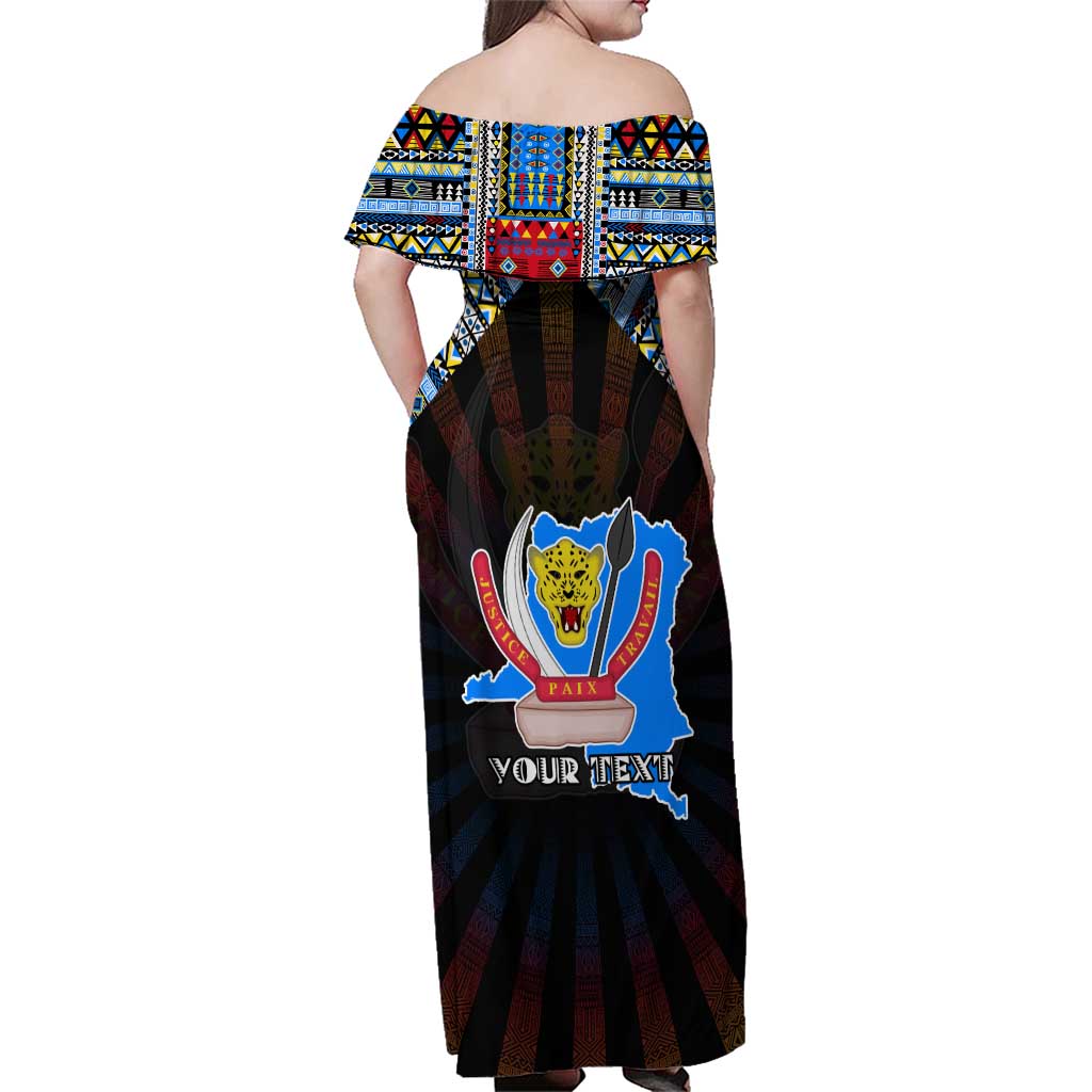 Personalized DR Congo Roots Family Matching Off Shoulder Maxi Dress and Hawaiian Shirt African Map in Fingerprint and Tribal Colors