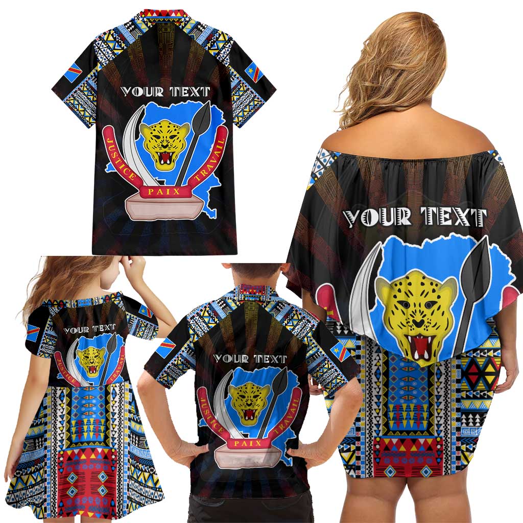 Personalized DR Congo Roots Family Matching Off Shoulder Short Dress and Hawaiian Shirt African Map in Fingerprint and Tribal Colors