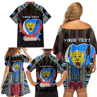 Personalized DR Congo Roots Family Matching Off Shoulder Short Dress and Hawaiian Shirt African Map in Fingerprint and Tribal Colors