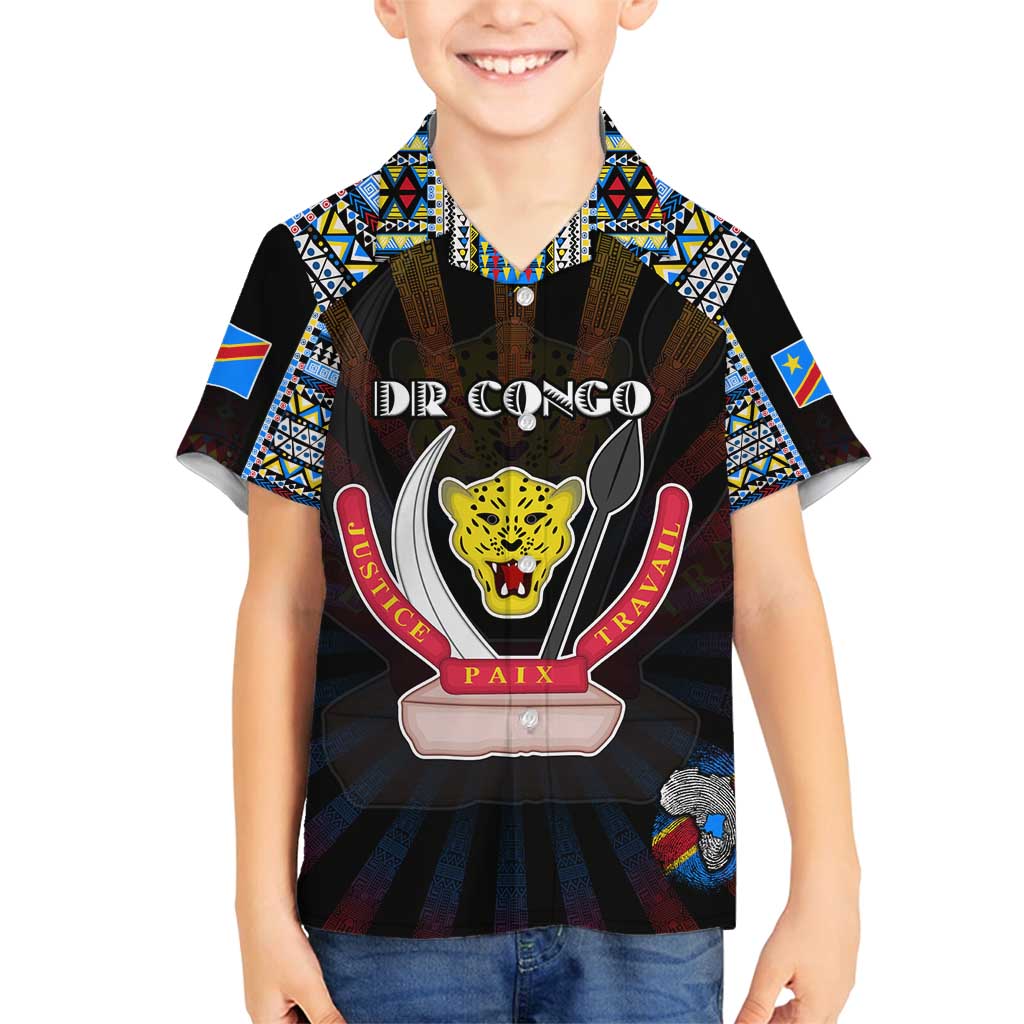 Personalized DR Congo Roots Family Matching Off Shoulder Short Dress and Hawaiian Shirt African Map in Fingerprint and Tribal Colors
