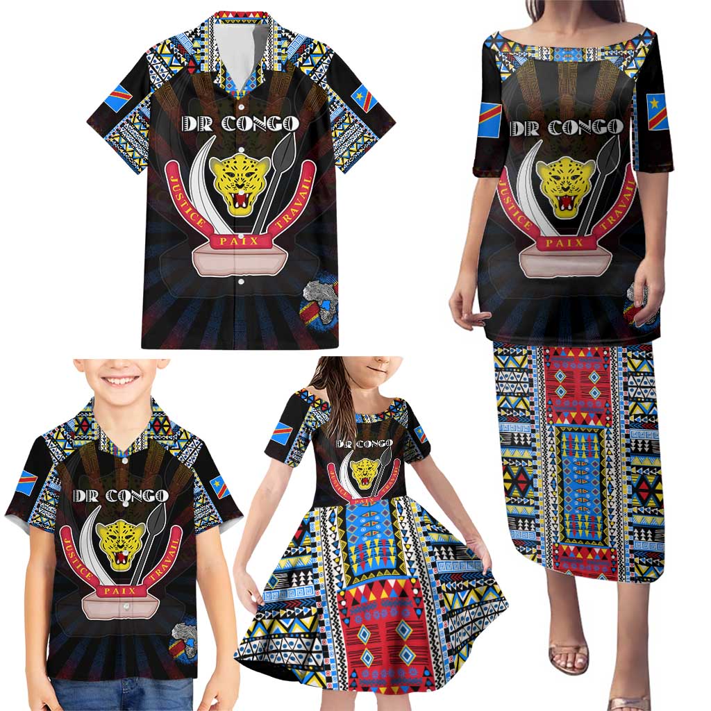 Personalized DR Congo Roots Family Matching Puletasi and Hawaiian Shirt African Map in Fingerprint and Tribal Colors
