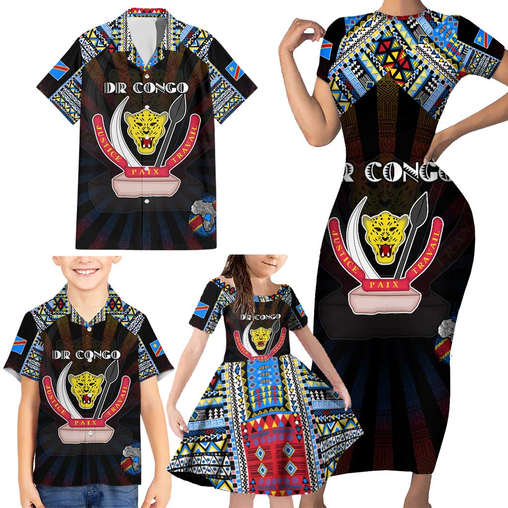 Personalized DR Congo Roots Family Matching Short Sleeve Bodycon Dress and Hawaiian Shirt African Map in Fingerprint and Tribal Colors