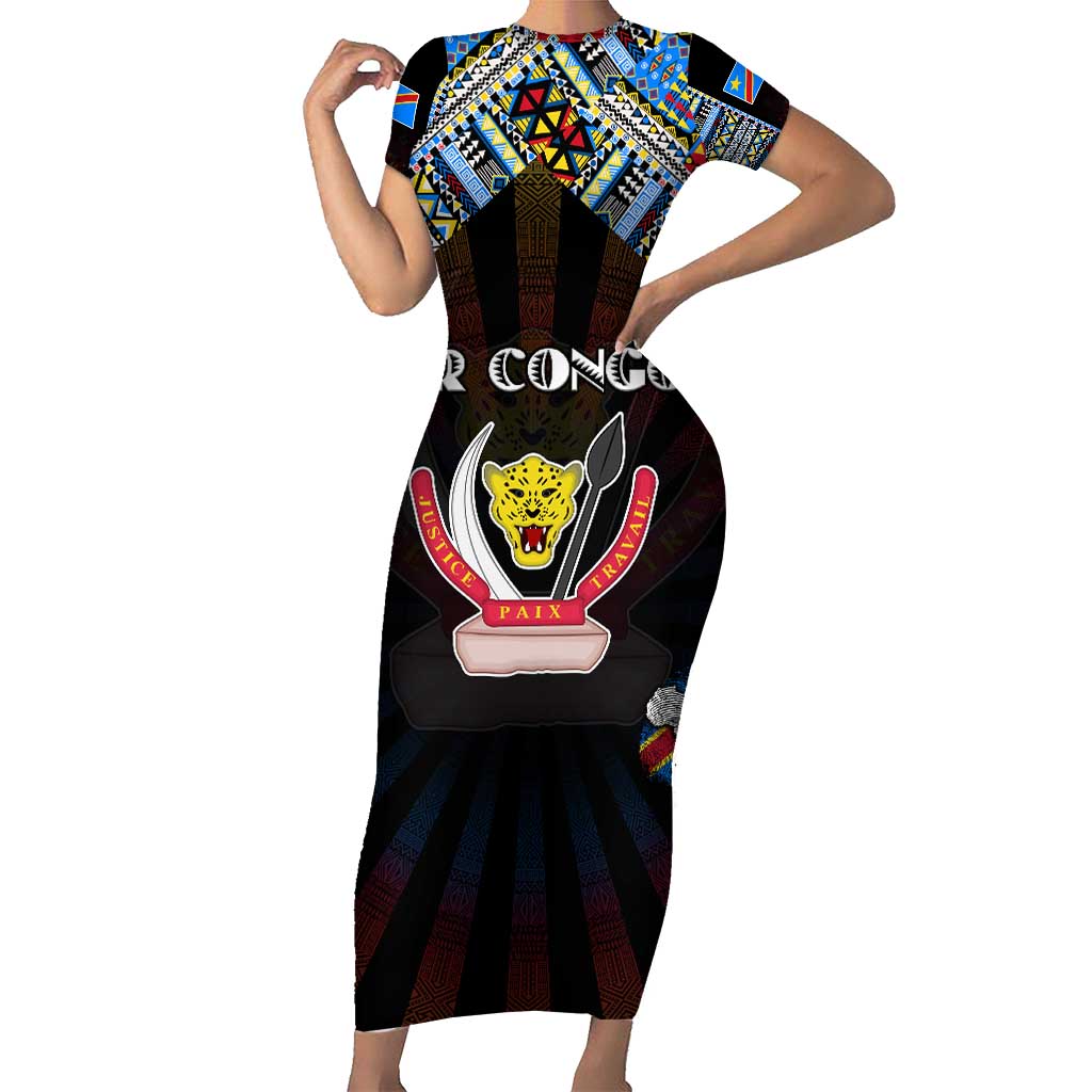 Personalized DR Congo Roots Family Matching Short Sleeve Bodycon Dress and Hawaiian Shirt African Map in Fingerprint and Tribal Colors