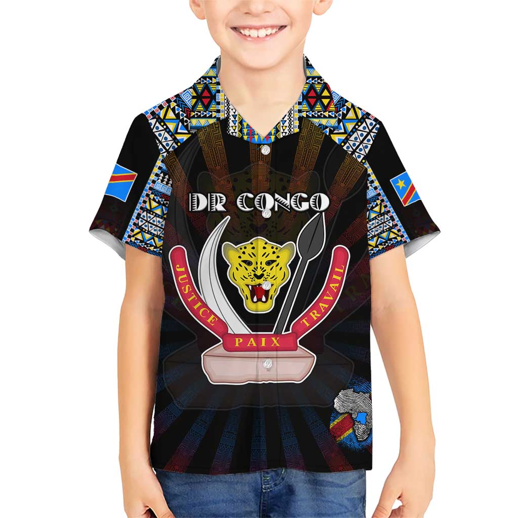 Personalized DR Congo Roots Family Matching Short Sleeve Bodycon Dress and Hawaiian Shirt African Map in Fingerprint and Tribal Colors