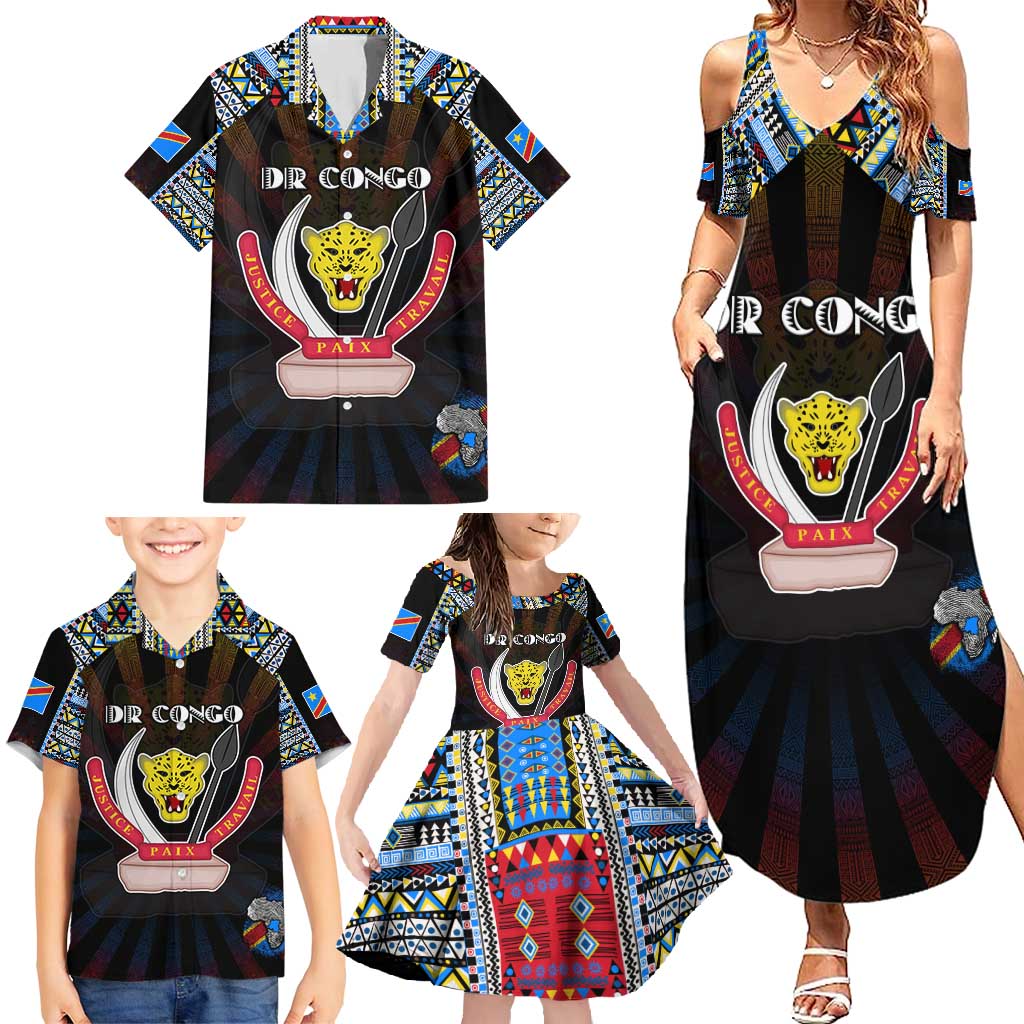 Personalized DR Congo Roots Family Matching Summer Maxi Dress and Hawaiian Shirt African Map in Fingerprint and Tribal Colors