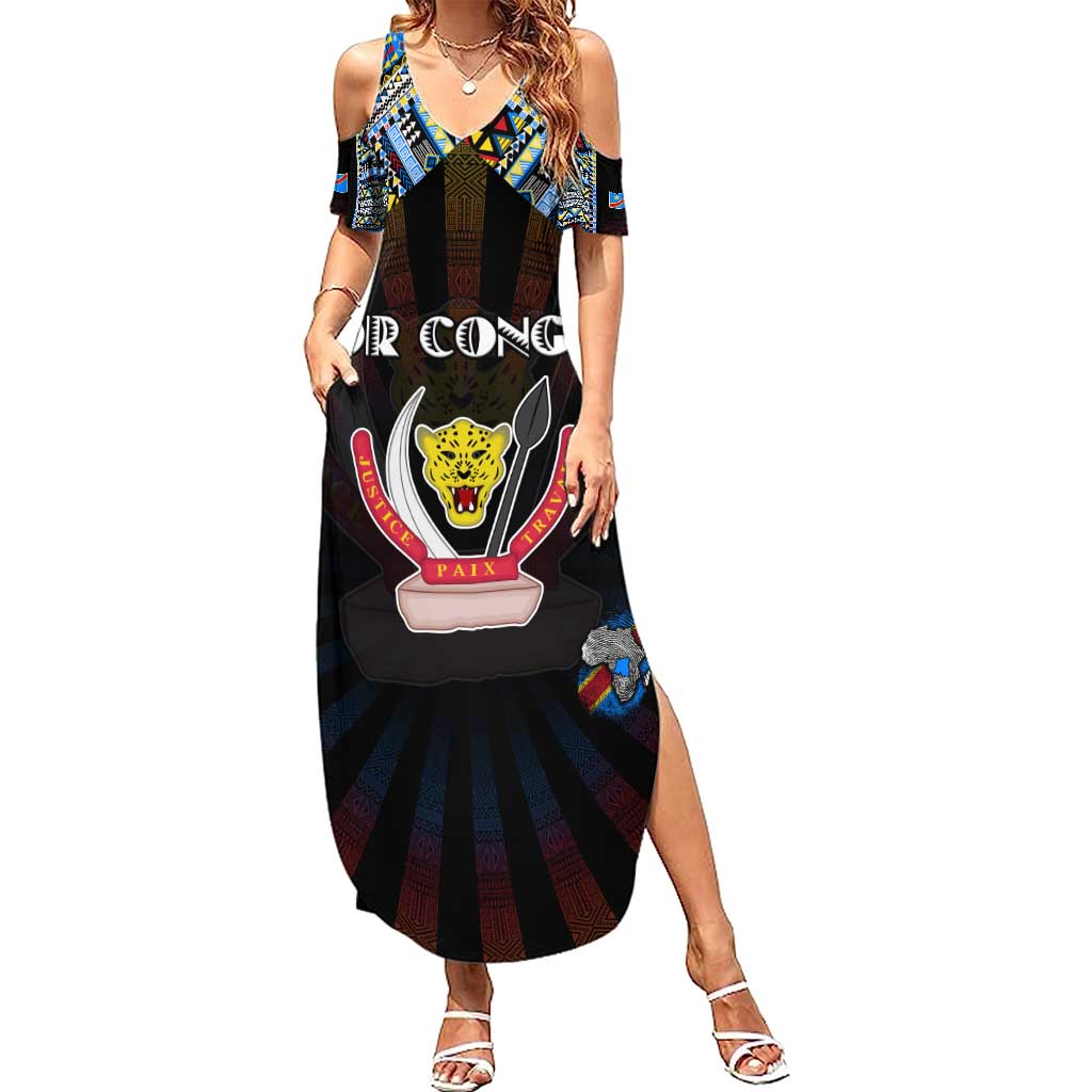 Personalized DR Congo Roots Family Matching Summer Maxi Dress and Hawaiian Shirt African Map in Fingerprint and Tribal Colors