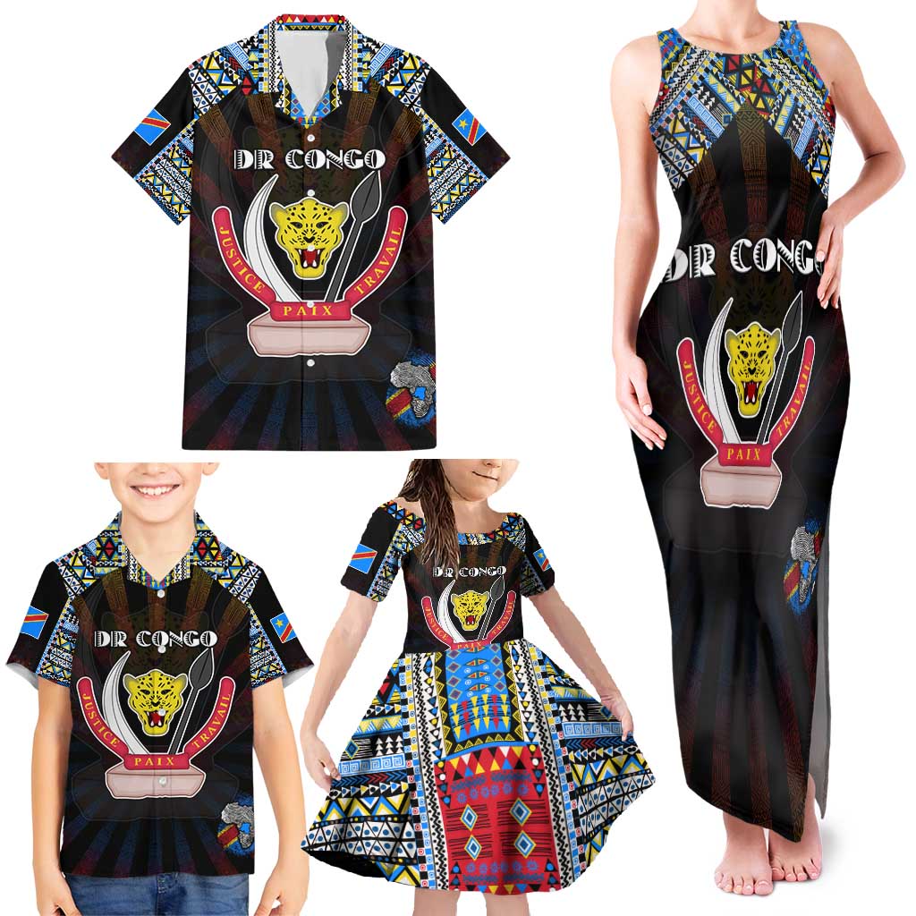 Personalized DR Congo Roots Family Matching Tank Maxi Dress and Hawaiian Shirt African Map in Fingerprint and Tribal Colors