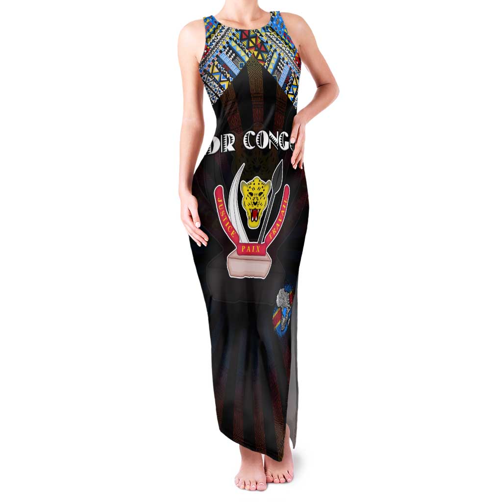 Personalized DR Congo Roots Family Matching Tank Maxi Dress and Hawaiian Shirt African Map in Fingerprint and Tribal Colors