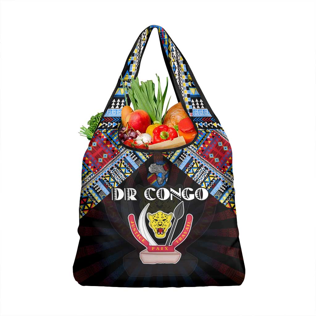 DR Congo Roots Grocery Bag African Map in Fingerprint and Tribal Colors