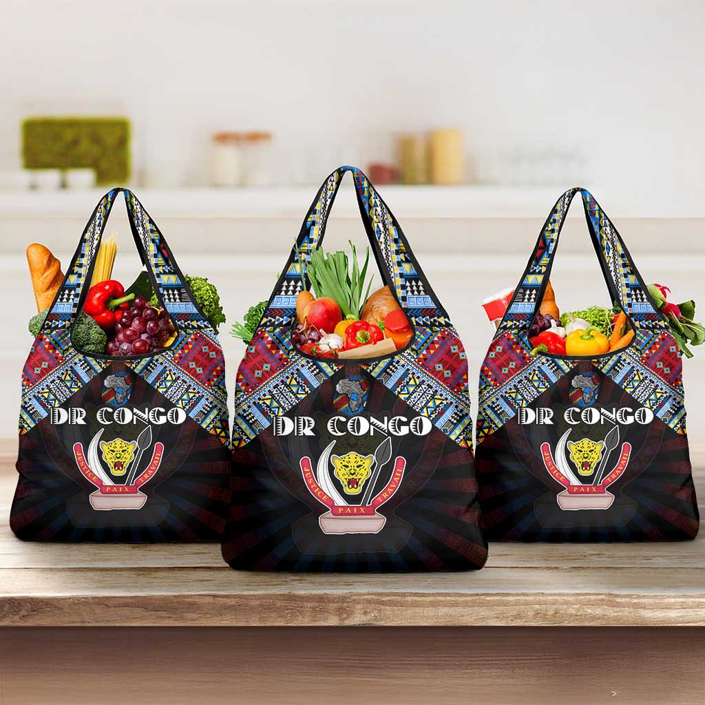 DR Congo Roots Grocery Bag African Map in Fingerprint and Tribal Colors
