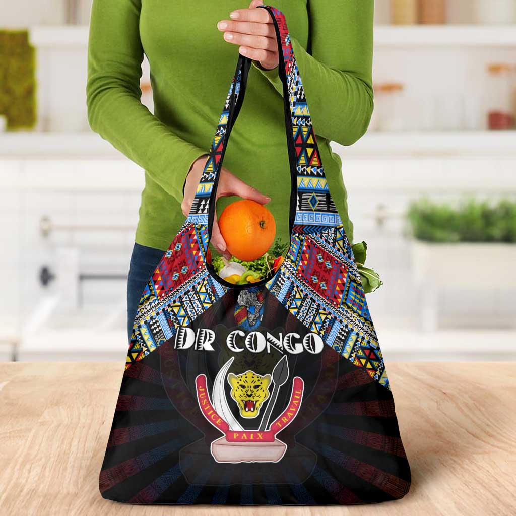 DR Congo Roots Grocery Bag African Map in Fingerprint and Tribal Colors