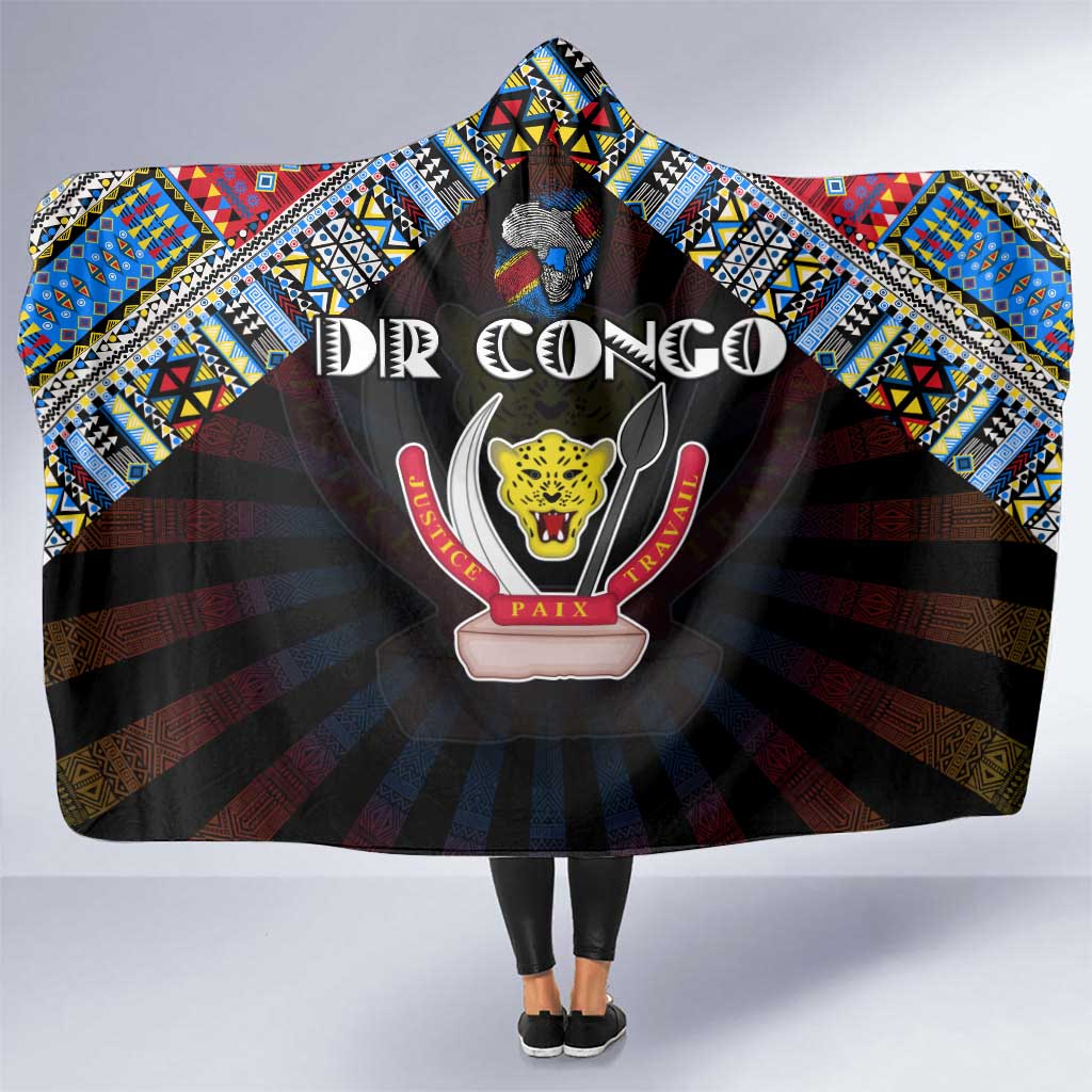 DR Congo Roots Hooded Blanket African Map in Fingerprint and Tribal Colors