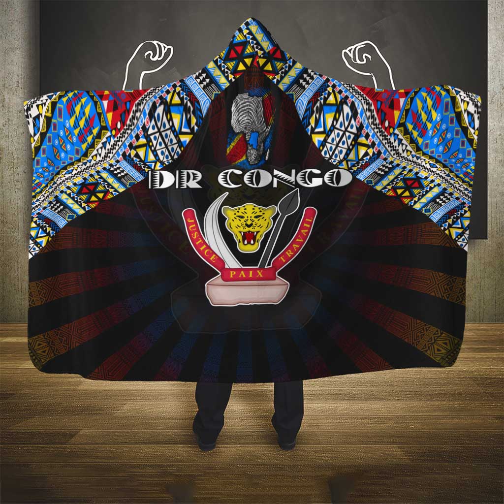 DR Congo Roots Hooded Blanket African Map in Fingerprint and Tribal Colors