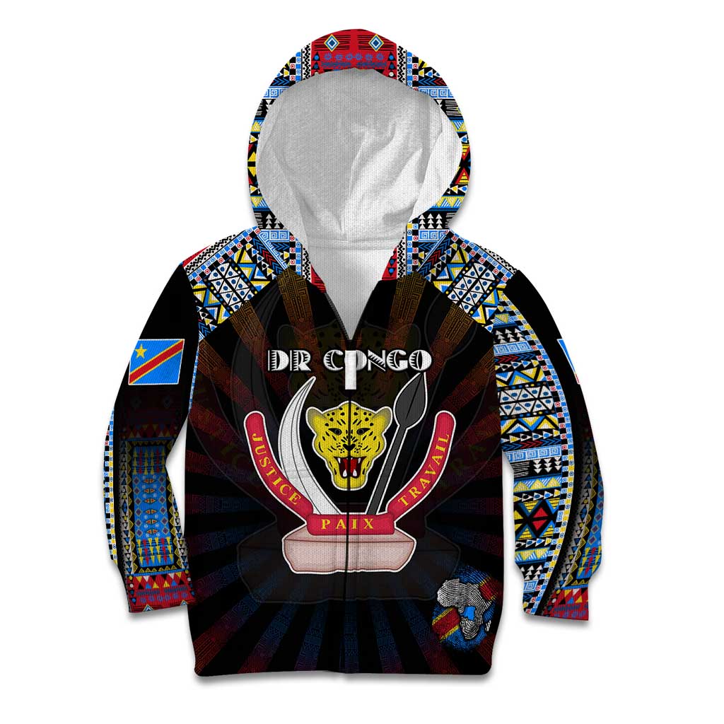 Personalized DR Congo Roots Kid Hoodie African Map in Fingerprint and Tribal Colors