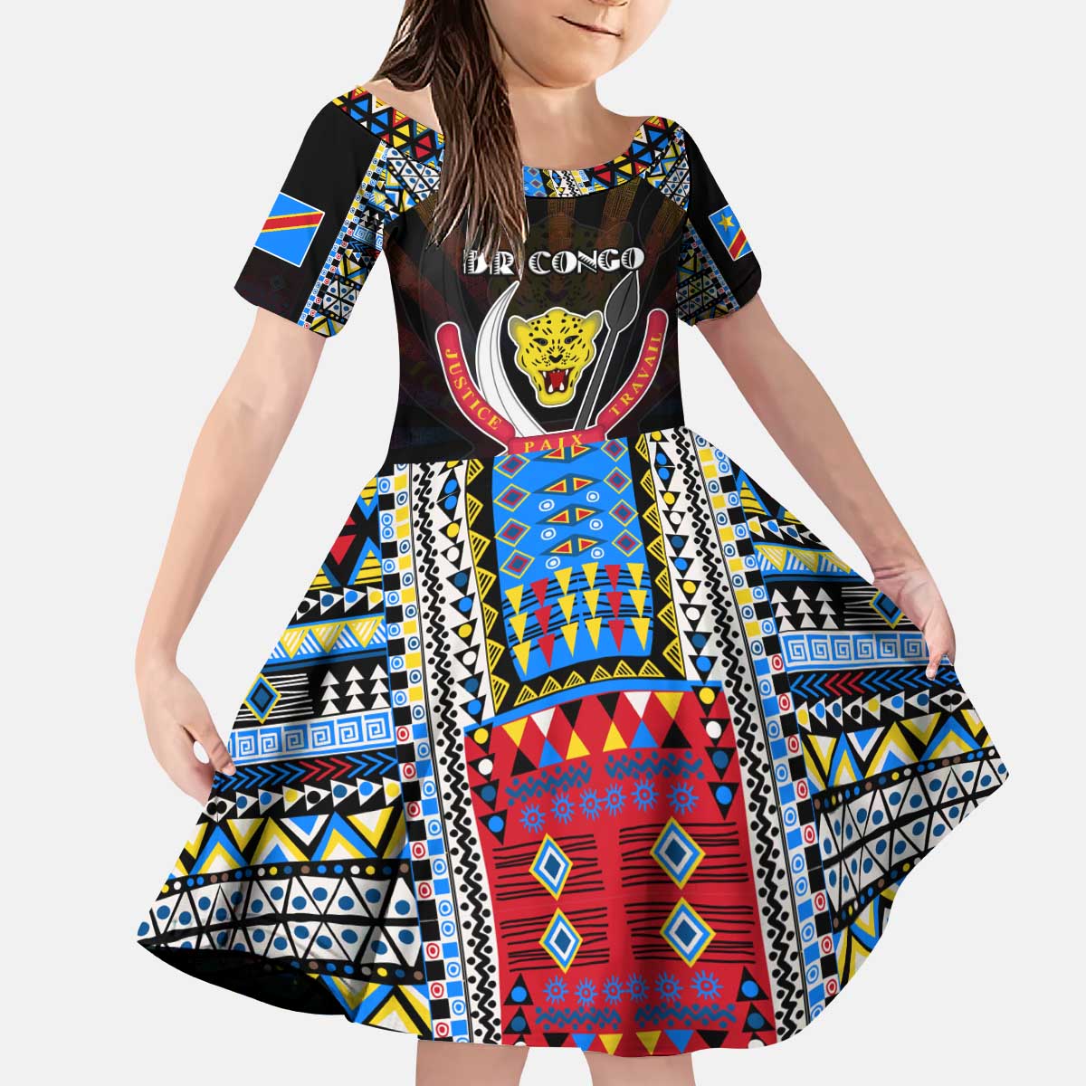Personalized DR Congo Roots Kid Short Sleeve Dress African Map in Fingerprint and Tribal Colors
